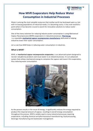 How MVR Evaporators Help Reduce Water Consumption in Industrial Processes