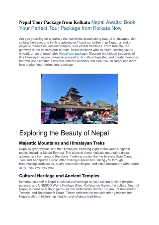 Nepal Tour Package from Kolkata Nepal Awaits: Book Your Perfect Tour