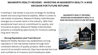 MAXWORTH REALTY REVIEWS - INVESTING IN MAXWORTH REALTY A WISE DECISION FOR FUTURE RETURNS