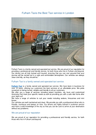 Fulham Taxis the Best Taxi service in London