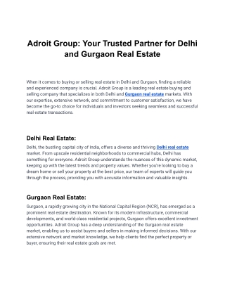 Adroit Group- Your Trusted Partner for Delhi and Gurgaon Real Estate