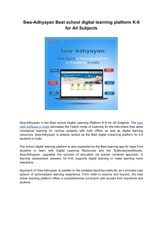 Swa-Adhyayan Best school digital learning platform K-8 for All Subjects