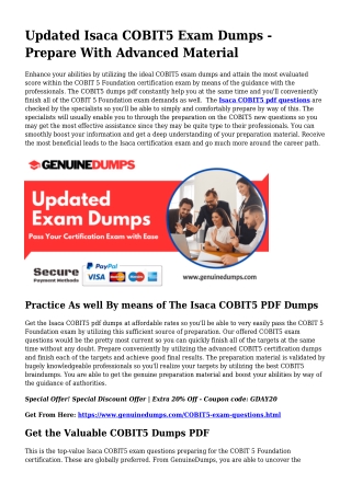 COBIT5 PDF Dumps - Isaca Certification Produced Quick