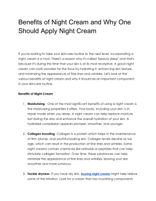 Benefits of Night Cream and Why One Should Apply Night Cream