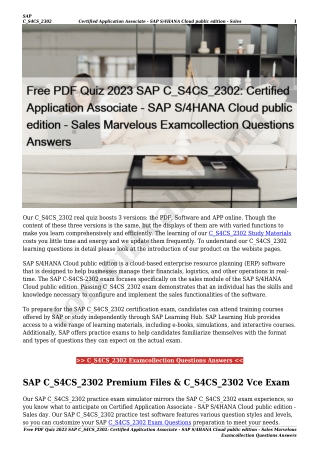 Free PDF Quiz 2023 SAP C_S4CS_2302: Certified Application Associate - SAP S/4HANA Cloud public edition - Sales Marvelous