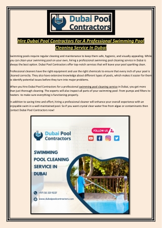 Hire Dubai Pool Contractors For A Professional Swimming Pool Cleaning Service In Dubai