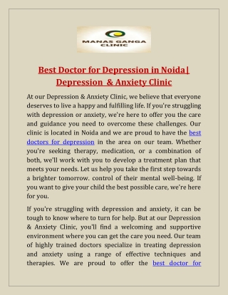 Best Doctor for Depression in Noida| Depression & Anxiety Clinic