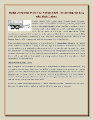 Trailer Companies Make Your Various Load Transporting Jobs Easy with Their Trailers