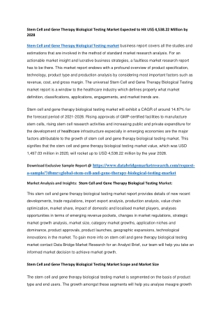 Stem Cell and Gene Therapy Biological Testing Market Expected to Hit US 4,538.22 Million by 2028