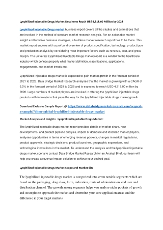 Lyophilized Injectable Drugs Market Destine to Reach US 4,318.00 Million by 2028