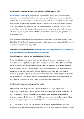 Anti-Metabolite Drugs Market Share, Size, Demand & SWOT Analysis by 2029