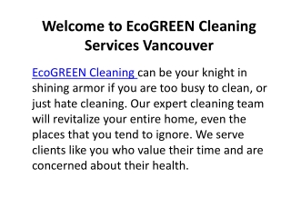 WHY ECOGREEN CLEANING SERVICES IN VANCOUVER?