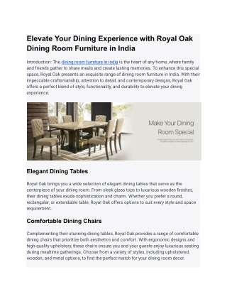 Elevate Your Dining Experience with Royal Oak Dining Room Furniture in India