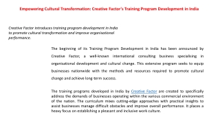 Empowering Cultural Transformation Creative Factor's Training Program Development in India