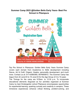 Summer Camp 2023 @Golden Bells Early Years- Best Pre School in Pitampura