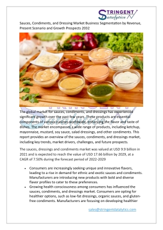 Sauces, Condiments, and Dressing Market Trends, Growth, demand