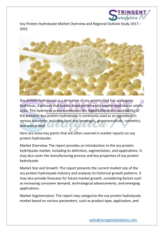 Soy Protein Hydrolysate Market Overview and Regional Outlook Study 2017 – 2032
