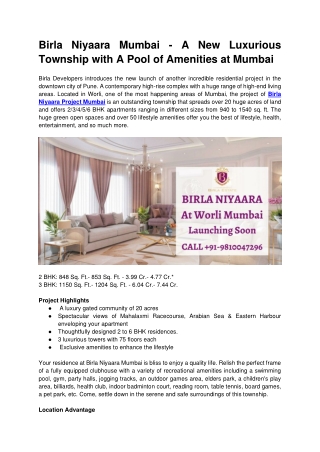 Birla Niyaara Apartments - A Newly Luxurious Project By Birlas In Mumbai City