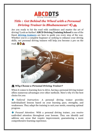 Get Behind the Wheel with a Personal Driving Trainer in Bhubaneswar