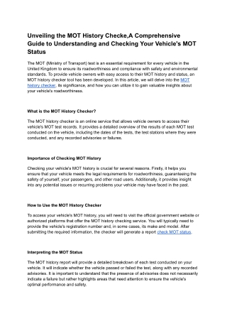 Unveiling the MOT History Checke,A Comprehensive Guide to Understanding and Checking Your Vehicle's MOT Status