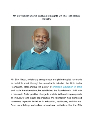 Mr. Shiv Nadar Shares Invaluable Insights On The Technology Industry