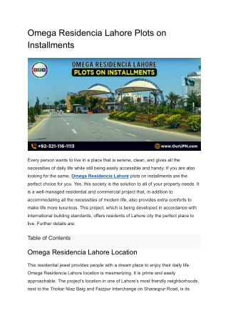 Omega Residencia Lahore Plots on Installments