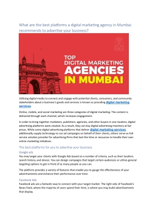 What are the best platforms a digital marketing agency in Mumbai recommends to advertise your business