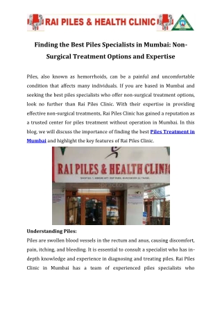 Finding the Best Piles Specialists in Mumbai Non-Surgical Treatment Options and Expertise