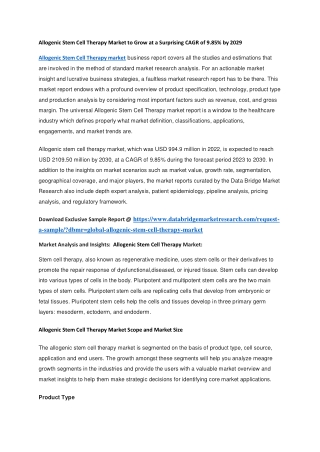 Allogenic Stem Cell Therapy Market to Grow at a Surprising CAGR of 9.85 by 2029