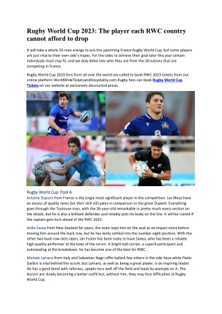 Rugby World Cup 2023 The player each RWC country cannot afford to drop