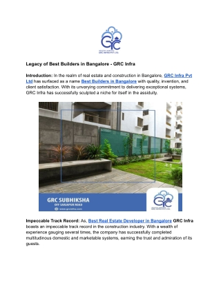 Legacy of Best Builders in Bangalore - GRC Infra