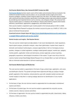 Oral Vaccine Market Share, Size, Demand & SWOT Analysis by 2028