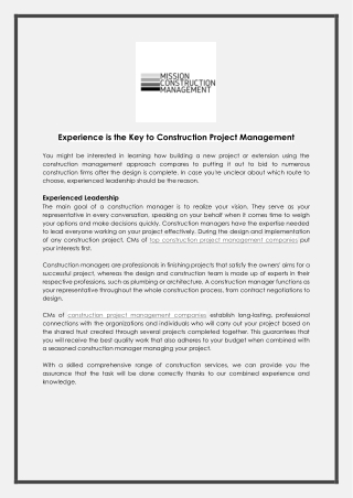 Experience is the Key to Construction Project Management