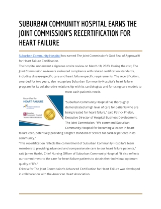 SUBURBAN COMMUNITY HOSPITAL EARNS THE JOINT COMMISSION’S RECERTIFICATION FOR HEART FAILURE