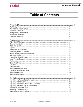 Fadal Operator Manual - Table of Contents