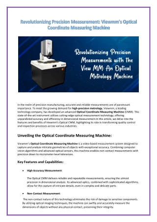 Revolutionizing Precision Measurement Viewmm's Optical Coordinate Measuring Machine