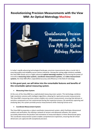 Revolutionizing Precision Measurements with the View MM An Optical Metrology Machine