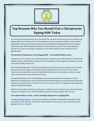 Top  Reasons Why You Should Visit a Chiropractor Epping NSW Today