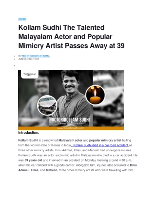 Kollam Sudhi The Talented Malayalam Actor and Popular Mimicry Artist Passes Away at 39