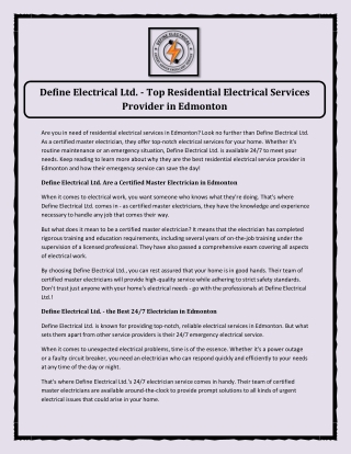 Define Electrical Ltd. - Top Residential Electrical Services Provider in Edmonto