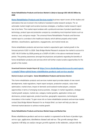 Home Rehabilitation Products and Services Market is Likely to Upsurge USD 140.015 Billion by 2028