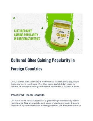 Cultured Ghee Gaining Popularity in Foreign Countries