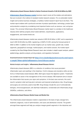 Inflammatory Bowel Diseases Market to Notice Prominent Growth of US 30.56 Billion by 2029