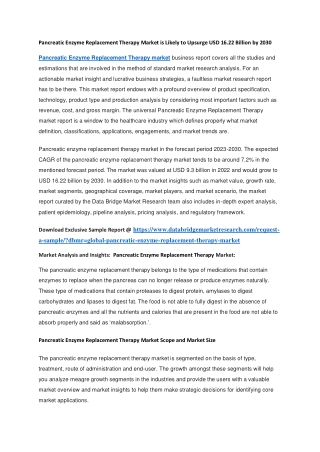 Pancreatic Enzyme Replacement Therapy Market is Likely to Upsurge USD 16.22 Billion by 2030