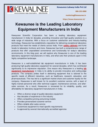 Kewaunee is the Leading Laboratory Equipment Manufacturers in India