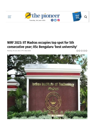 NIRF 2023 IIT Madras occupies top spot for 5th consecutive year; IISc Bengaluru 'best university'