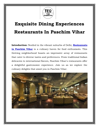 Exquisite Dining Experiences Restaurants In Paschim Vihar