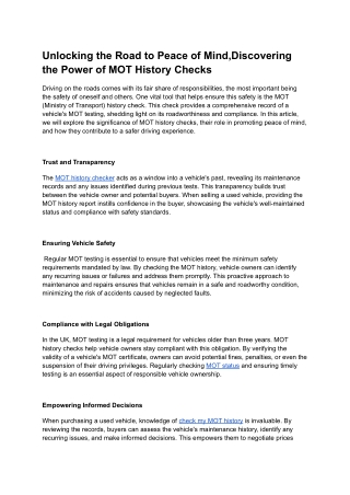 Unlocking the Road to Peace of Mind,Discovering the Power of MOT History Checks