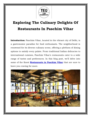 Exploring The Culinary Delights Of Restaurants In Paschim Vihar