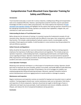 Comprehensive Truck Mounted Crane Operator Training for Safety and Efficiency